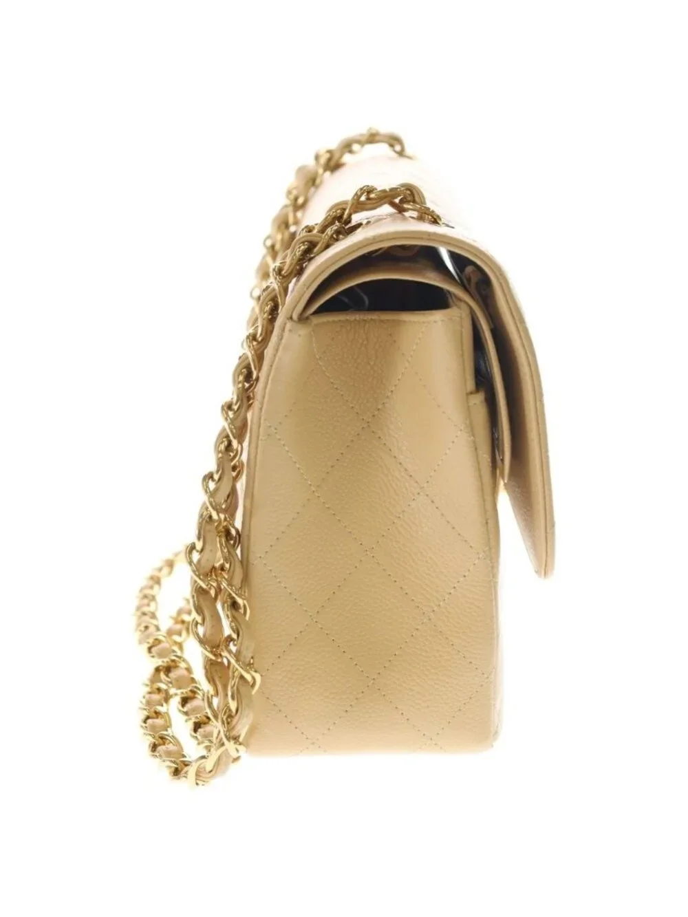 Chanel Deca Quilted 30 Caviar Leather Double Flap Chain Shoulder Bag Gold Beige